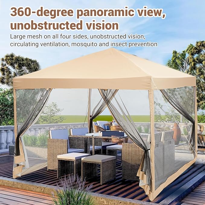 Quick Setup Pop Up Canopy Tent 10x10ft – Waterproof Outdoor Shade Gazebo Mesh Mosquito Netting Sidewalls Portable Shelter for Camping Patio Beach Parties Events