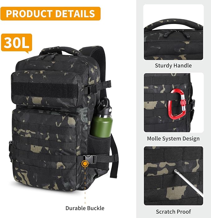 HUNTVP Tactical Backpack for Men 30L Military Backpack MOLLE Assault Pack Army Daypack Hunting Rucksack for Hiking Travel Work with Bottle HolderCamo