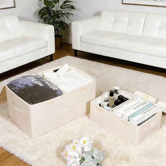 2 Pack Storage Boxes with Lids and Handles Collapsible Linen Storage Bins Organizer Containers Baskets Cube with Removable Divider for Home Bedroom Closet Office (Cream Large)
