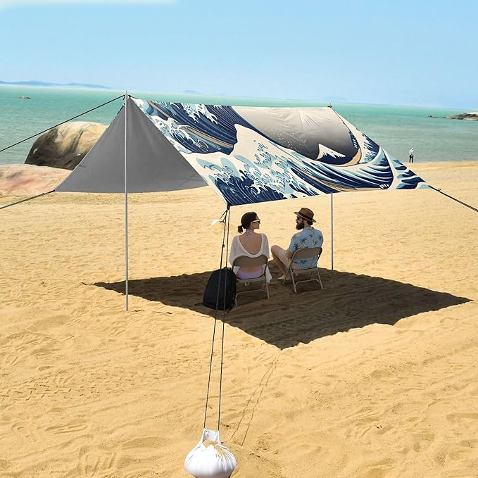 Waves Beach Canopy Sun Shelter with Sandbags &amp Sand Shovel &amp Windproof Ropes - Portable 110x126 Beach Shade Beach Tent for Camping Picnics