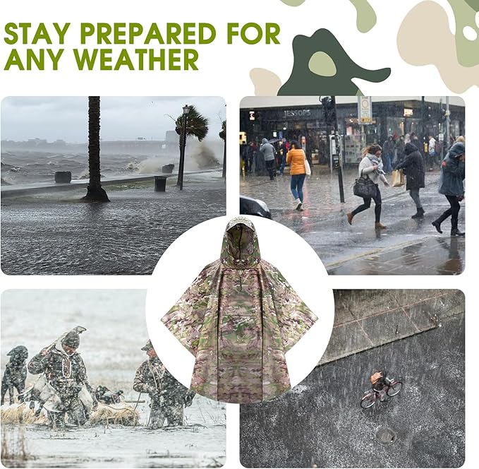 Military Camo Rain Poncho Extra Large Tactical Poncho Shelter with Pocket Waterproof for Hunting Hiking Camping Emergency