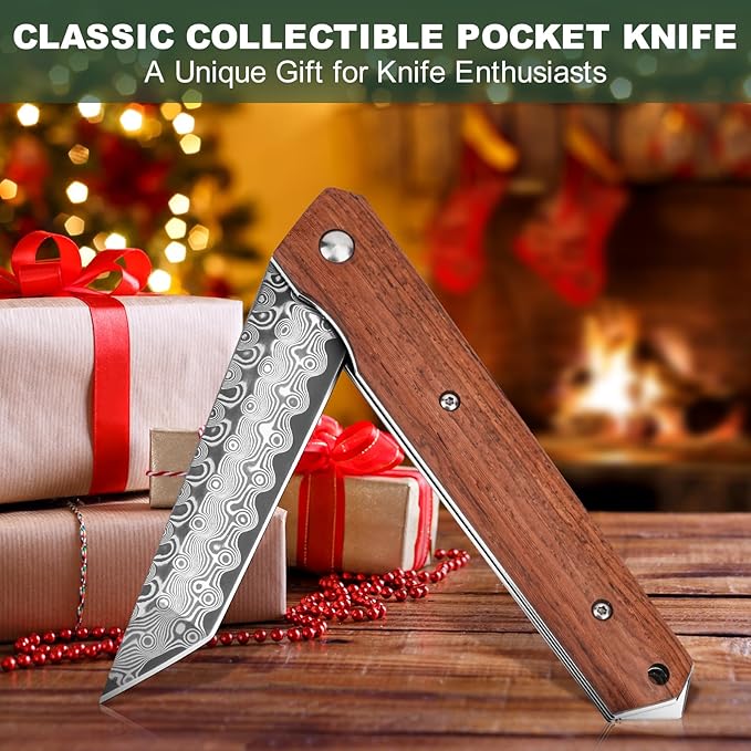 AUBEY Damascus Pocket Knife for Men Sharp Tanto Blade with VG10 Core Folding Knives with Wooden Handle and Glass Breaker for EDC Camping Gift Collection