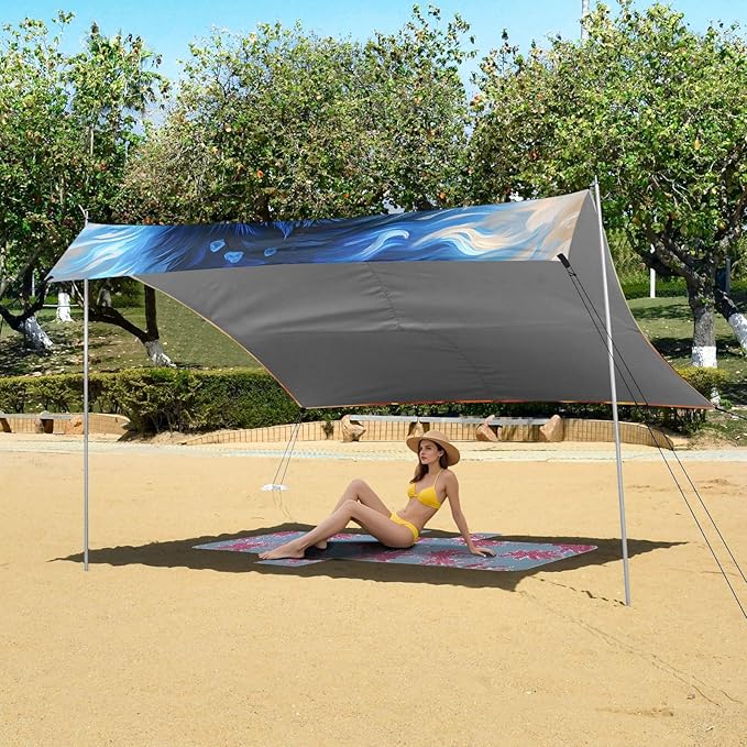 ALAZA Fire &amp Ice Wolf Beach Tent Sun Shelter UPF50+ Protection Beach Shade Canopy w/ 4 Sandbags for Outdoor Camping Fishing Backyard Fun Picnic 10x9 ft