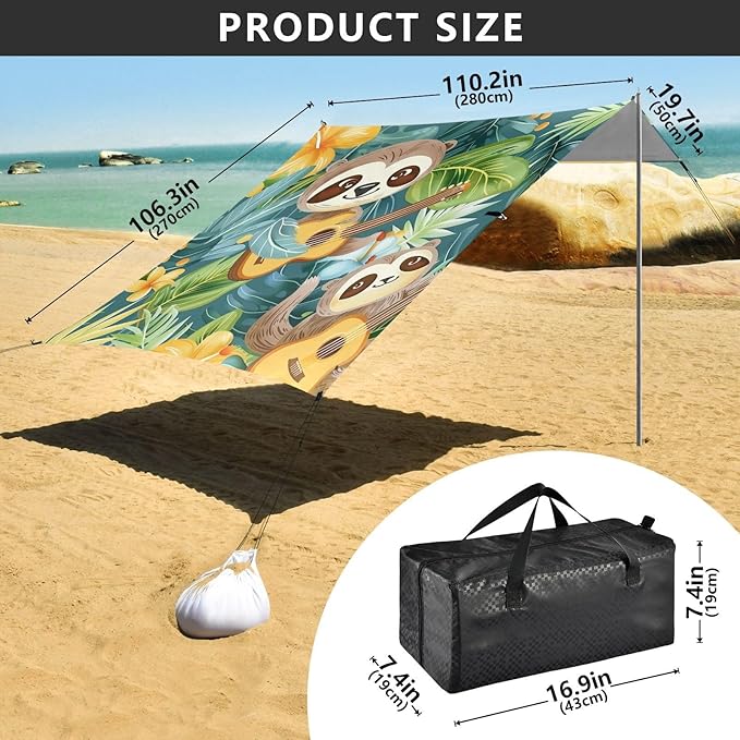 ALAZA Tropical Backdrop Sloth Playing Ukulele Cartoon Seamless Beach Tent Sun Shelter Portable Canopy Sunshade for Outdoor Camping Picnics Backyard Fun 10x9 ft