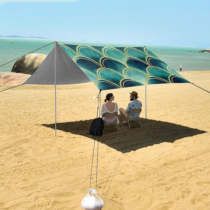 xigua Scallop Shapes Beach Tent Sun Shelter with Carrying Bag - Silver Coated Oxford Fabric Beach Canopy for Beach Camping Fishing - Includes Windproof Ropes Sandbags &amp Stakes