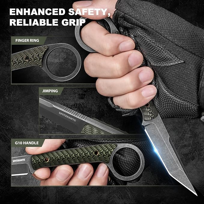 7.3 EDC Fixed Blade Knife with Sheath Full Tang 5Cr14MoV Camping Knife Green G10 Handle Finger Ring Design Horizontal/Vertical Carry Outdoor Survival Gift for Men