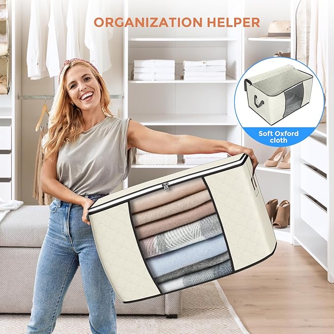 90 L Large Storage Bags 6 Pack Clothes Storage Bins Foldable Closet Organizers Storage Containers with Reinforced Handle for Clothing Blanket Comforters Bed Sheets Pillows and Toys (Beige)