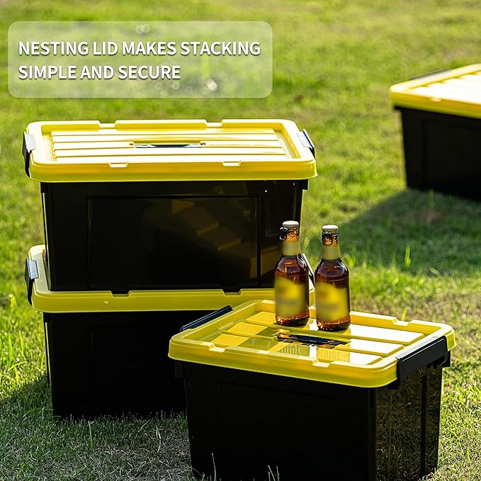 95Qt*4 Durabilt Flip Lid Stackable Heavy Duty Tough Storage Container Tote Plastic Storage Bins Storage Box Black Base with Yellow Lid (4 Pack)