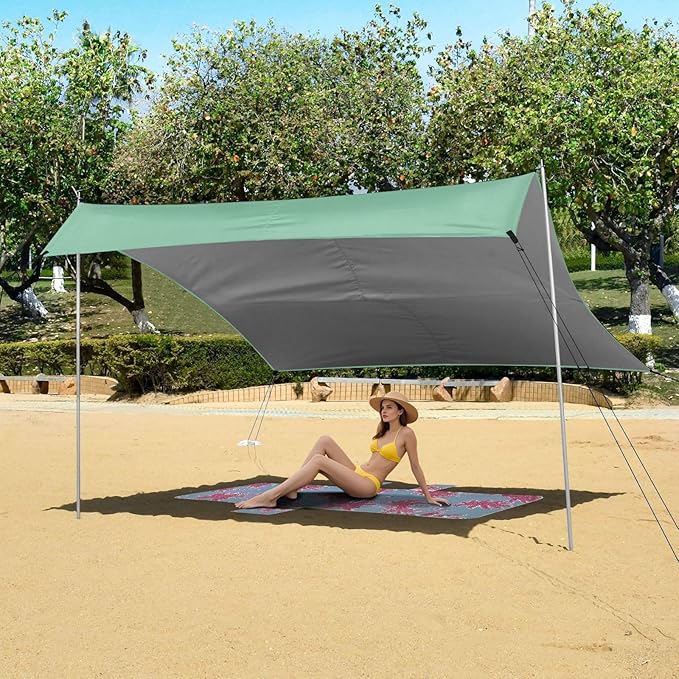 Sage Green Solid Color Pure Plain Foldable Beach Cabana UPF50+ Waterproof Portable Sun Shelter with Sandbags and Shovel for Family Trips Picnics &amp Camping