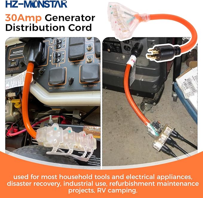 30 Amp to 110 Outdoor Generator Adapter Power Cord 4 Prong 30 Amp to 15 Amp Generator Adapter NEMA L14-30P Male to 4X 5-20R T-Blade Household Outlet Female with Dust Protection Cap 1.5FT