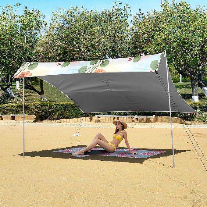 xigua Wildflowers Beach Tent Sun Shelter with Carrying Bag - Silver Coated Oxford Fabric Beach Canopy for Beach Camping Fishing - Includes Windproof Ropes Sandbags &amp Stakes