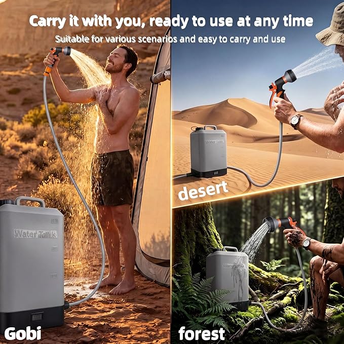 4.5 gallon/16L Silicone Water TankPortable Outdoor ShowerElectric Shower8 Types of Multifunctional Shower HeadsUsing Solar Heating Temperature DisplaySuitable for CampingBeachand Hiking