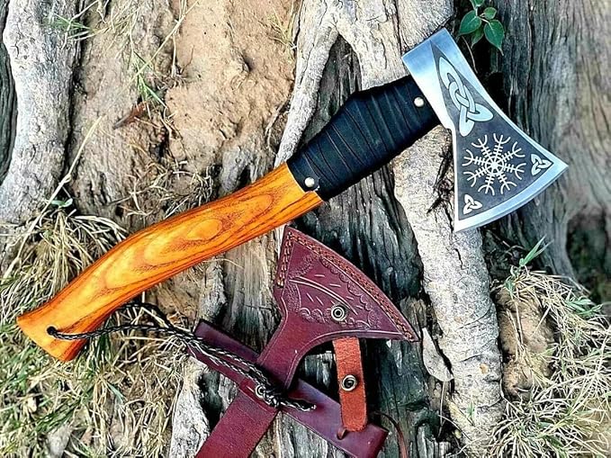 12 Inches Length || Carbon Steel Viking Axe || Viking Axe || Bearded Axe || Wooden Handle || Engraved Design Axe || Medieval Style || Collectible Axe || Leather Sheath.