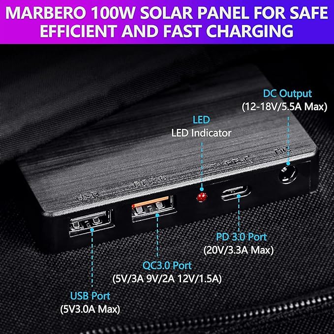 MARBERO 100W Portable Solar Panel 100 Watt Foldable Solar Panel for Power Station with USB &amp DC 18V Output(10 Connectors) 23% Conversion Efficiency IP68 Waterproof for Camping Outdoor Home Cloudy
