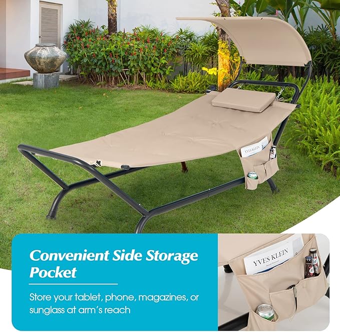 Giantex Hanging Hammock with Stand Patio Hanging Chaise Lounge Chair w/Canopy Cushion Pillow &amp Storage Bag Heavy Duty Swing Hammock Bed for Garden Lawn Backyard Patio Poolside Porch (Beige)