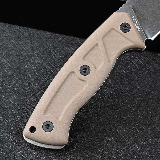 Knives 14C28N Steel Tactical Fixed Blade Knife with kydex sheath G10 Handle for Men EDC Outdoor Camping Survival Hunting (Black stone wash+khaki G10)
