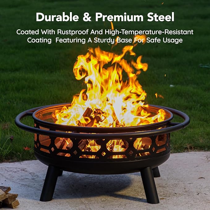 Florise 36 Inch Fire Pit Outdoor Wood Burning Firepit with Removable Grill &amp Poker Heavy Duty Metal Round Fireplace2 in 1 Large Bonfire for OutsideBBQYardPatio