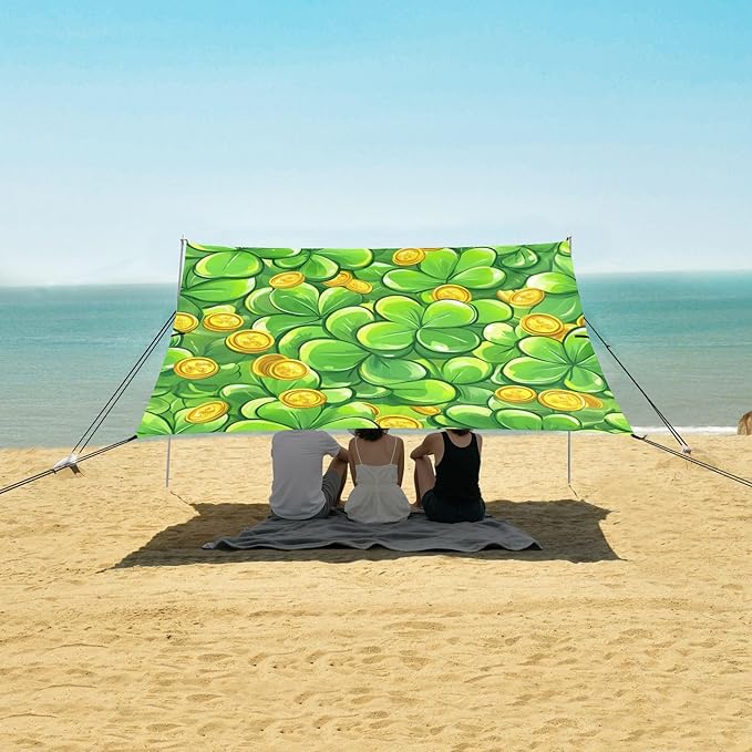 xigua St. Patrick's Day Clover Beach Tent Sun Shelter with Carrying Bag - Silver Coated Oxford Fabric Beach Canopy for Beach Camping Fishing - Includes Windproof Ropes Sandbags &amp Stakes