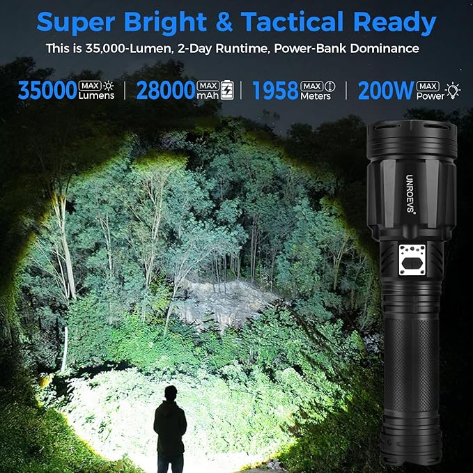 Brightest Flashlight 35000 Lumens Most Powerful Flashlight with 28000mAh Battery Super Bright Tactical Flash Light with Adjustable Zoom USB Outpot Shoulder Strap for Outdoor Camping Emergency
