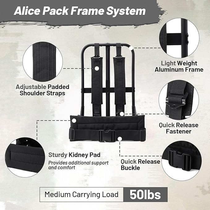 50L Military Alice Pack Army Survival Combat ALICE Rucksack Backpack for Men &amp Women for Camping Hiking Emergency Black