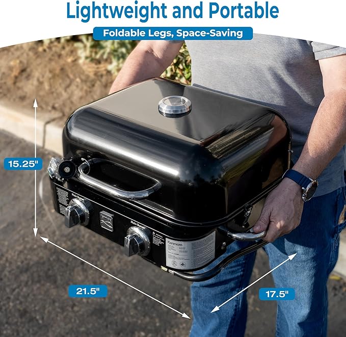 Kenmore Portable Propane Gas Grill - Tabletop BBQ Grill with Warming Rack 2 Stainless Steel Burners with 14000 BTUs for Outdoor Kitchen Camping Black