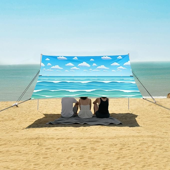 xigua Waves Beach Tent Sun Shelter with Carrying Bag - Silver Coated Oxford Fabric Beach Canopy for Beach Camping Fishing - Includes Windproof Ropes Sandbags &amp Stakes