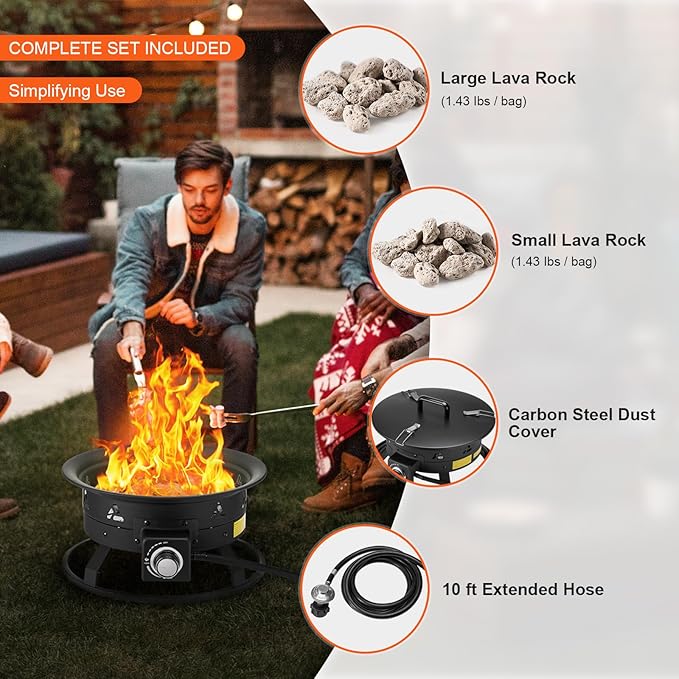 VEVOR Propane Fire Pit 19-Inch Diameter Outdoor Portable Gas Fire Pit with Cover &amp Lava Rocks Adjustable Flame Height Camping Firepit for Heating Lighting Gathering 58000 BTU Black