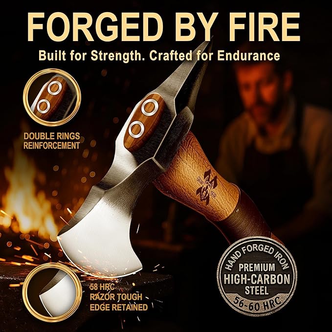 Grumpy Bear 11 Camping Hatchet Survival Axe with Sheath High Carbon Steel and Wood Handle Anti-Slip Grip – Ideal for Bushcraft Wood Splitting &amp Outdoor Adventures