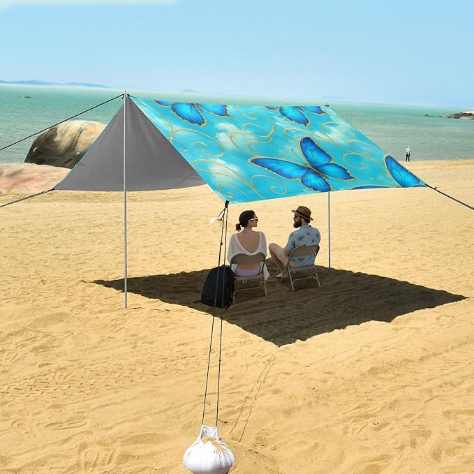 Beach Canopy with Windproof Ropes &amp Sandbags Beach Tent Sun Shade Sun Shelter for Camping Trips Fishing Backyard Fun or Picnics Butterfly
