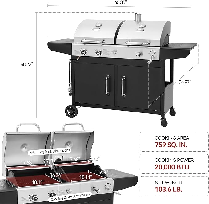 Royal Gourmet ZH3002N Propane Gas and Charcoal Grill Combo Dual Fuel BBQ Grill with 2 Side Shelves for Outdoor Patio Garden Backyard Barbecue 20000 BTUs Silver &amp Black