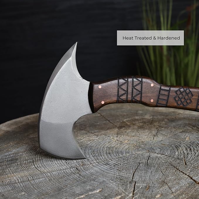 AncientSmithy Tactical Tomahawk Full Tang Camping Axe Outdoor Hatchet for Chopping with Tribal Engraving (14'' Blade with Spike and Sheath)