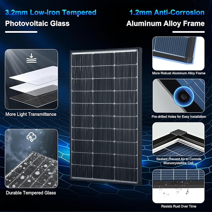 200W Solar Panel2PCS 100 watt Bifacial Solar Panel N-Type 16BB 25.6% High Efficiency 120 Watt Peak IP68 Grade A+ Cells for RV Trailer Marine Farm Rooftop Off-Grid System (Bifacial 100W*2)