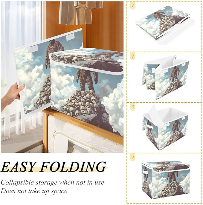 AIXIWAWA Lidded Storage Cube (Sasquatch on Skull) Fabric Foldable Closet Bins with Flip Lid and Handles Organizer Basket Container 16.5 x 12.6 x 11.8 IN