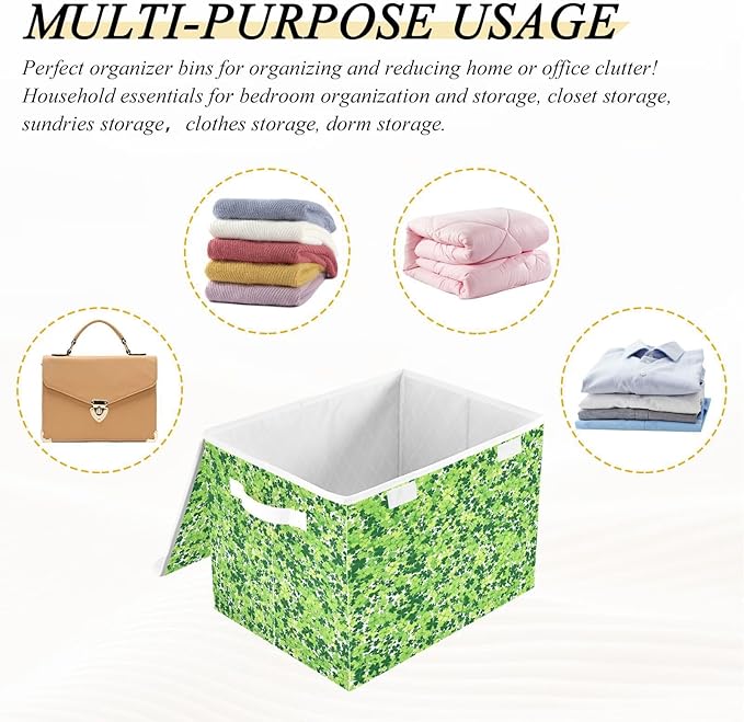 Clover Pattern Fabric Storage Bins with Lids and HandleFoldable Storage Bins with LidsCloset Organizers for Clothes Storage Room Organization Office Storage Chest Organizer