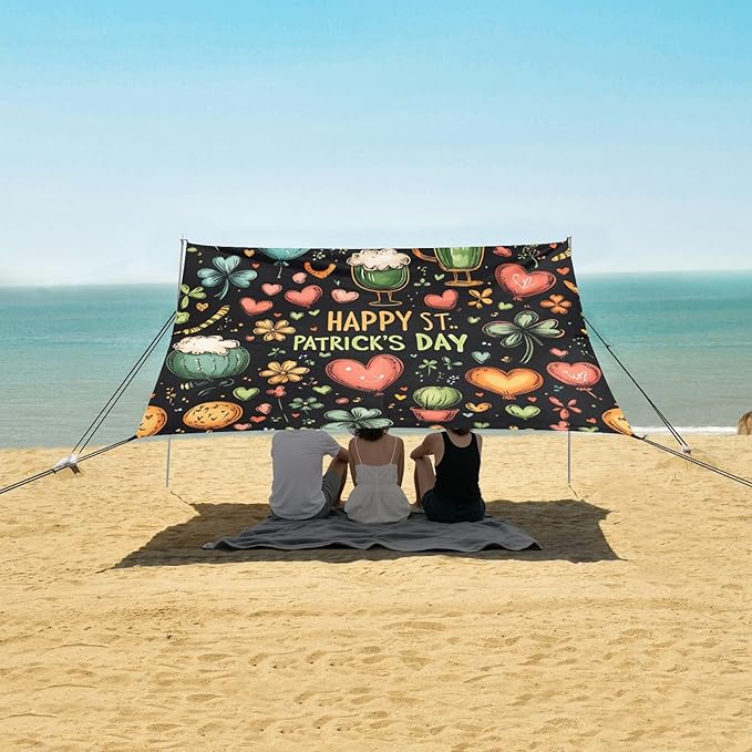 St Patrick's Day Balloon Beers Theme Beach Tent Sun Shelter Set UPF50+ UV Protection 10.5 x 9.19 FT Camping Shade Canopy with Sandbags Sand Anchors Carrying Bag and Others