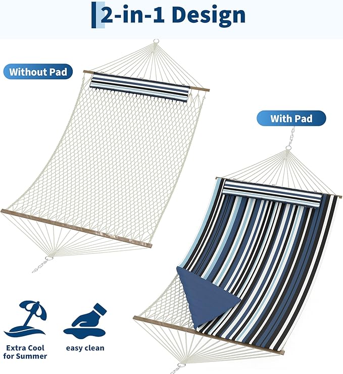 2 Person 12FT Hammocks for Outside Double Quilted Fabric Outdoor Hammock with Spreader Bar Large Removable Pillow Storage Pockets Carabiners Max 450 Lbs Capacity