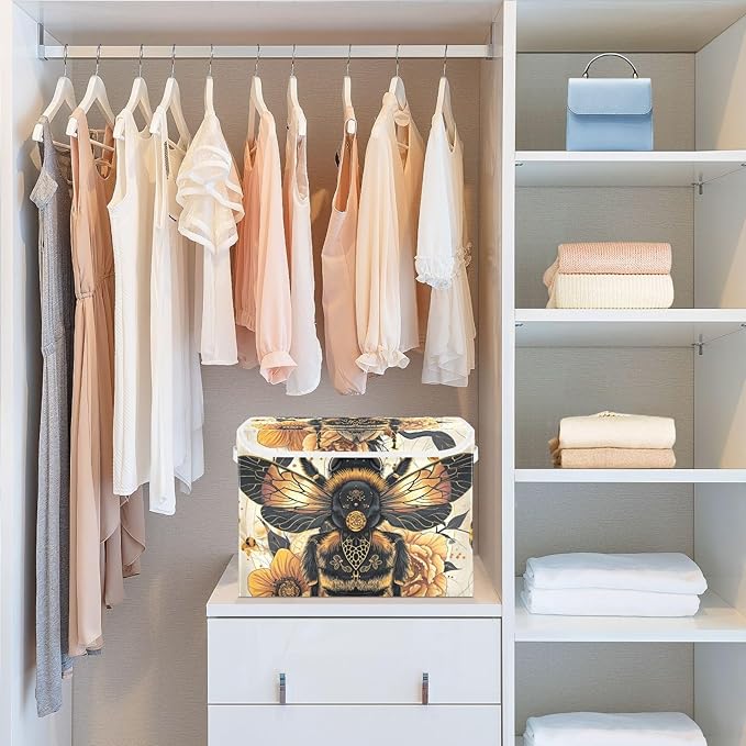 Bee Gold Floral Large Storage Bins with Linen Foldable Storage Box Fabric Closet Organizer Containers Cubes with Flip-Top Lid for Home Office 16.5” x 12.6” x 11.8”