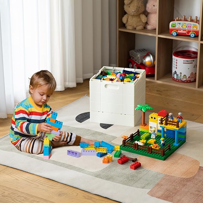 SHIMOYAMA Collapsible Storage Box with Large Building Base for Duplo Blocks 26 Qt. Foldable Storage Bin (Dark Green)