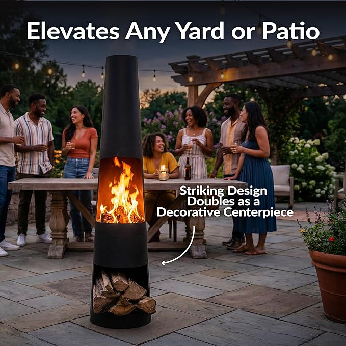 Sunnydaze 59-Inch Steel Chiminea Outdoor Fire Pit with Built-in Log Holder - Chiminea Outdoor Fireplace - Includes Poker