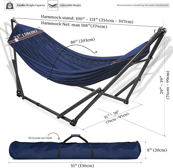 Tranquillo Universal Double Hammock with Stand Included for 2 Persons/Foldable Hammock Stand 600 lbs Capacity Portable Case - Inhouse Outdoor Camping Aegean