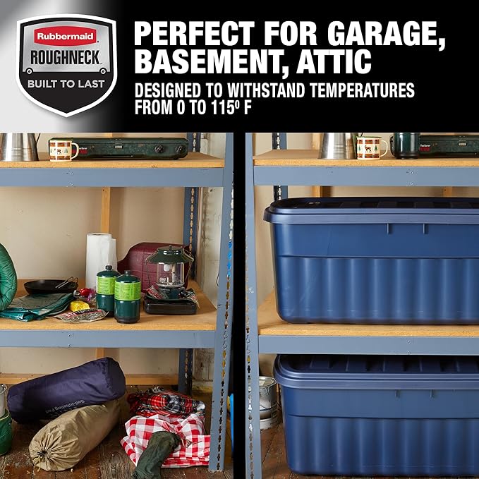 Rubbermaid Roughneck Tote 50 Gal 2 Pack Made in USA Dark Indigo Metallic Rugged Plastic Stackable Storage Bins with Lids and Handles