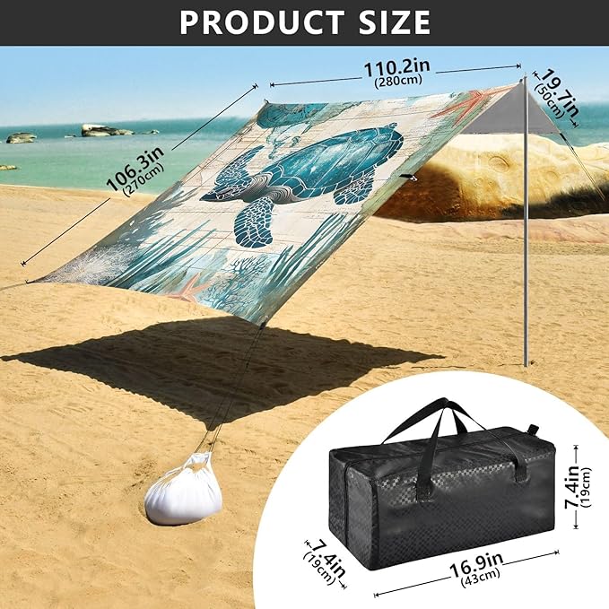 ALAZA Sea Turtle Age of Sail Beach Tent Sun Shelter UPF50+ Protection Beach Shade Canopy w/ 4 Sandbags for Outdoor Camping Fishing Backyard Fun Picnic 10x9 ft