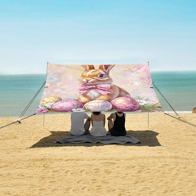 Floral Bow Bunny Rabbits Eggs Easter1 Stable Beach Tent UPF50+ Protection Water-Resistant Shade Sun Shelter with Sand Shovel Sandbags for Camping Picnics Backyard