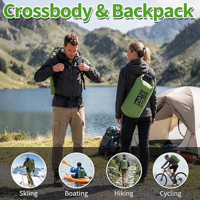 kullder Waterproof Backpack 20L Army Green Roll Top Water Proof Dry Bag Heavy Duty Floating Dry Bag for Kayaking Ship Camping Hiking Backpack with IPX8 Waterproof Phone Pouch-Black 7