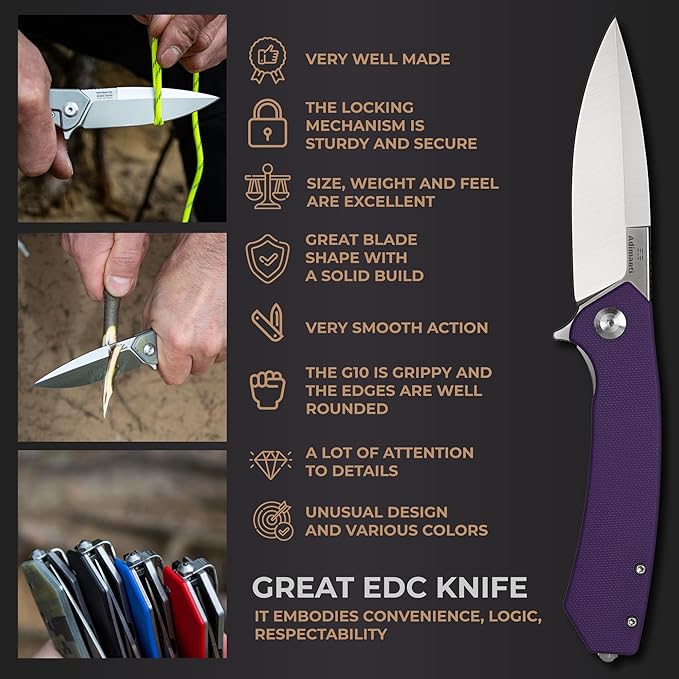 Firebird GANZO Adimanti Skimen Pocket Folding Knife G10 Handle with Clip and Glass Breaker D2 Steel Blade Hunting Fishing Camping Outdoor EDC Knife (Purple)