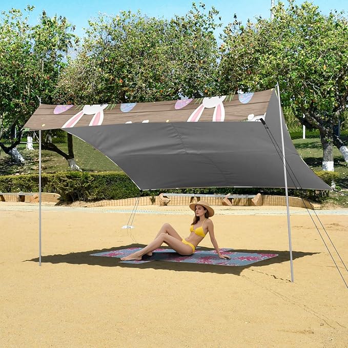 xigua Easter Bunny Beach Tent Sun Shelter with Carrying Bag - Silver Coated Oxford Fabric Beach Canopy for Beach Camping Fishing - Includes Windproof Ropes Sandbags &amp Stakes