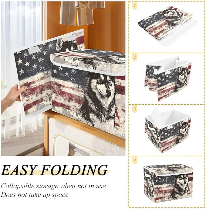 Storage Cube with Lid Husky American Print 16.5×12.6×11.8 IN Collapsible Large Capacity Foldable Storage Basket Bin Organizer