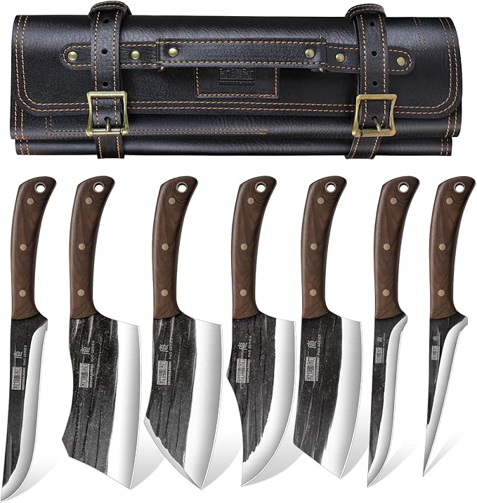 HOSHANHO Butcher Knife Set Hand Forged Butcher Chef Knife Set with Roll Bag Sharp Meat Cleaver Knife &amp Bone Chopper Knives &amp Fillet Knives for Home &amp Camping &amp BBQ Gift with Men