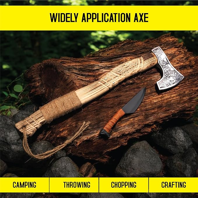 Hand Forged Viking Axe and Knife Set with Leather Sheaths - Carbon Steel Bearded Viking Hatchet Carved Wooden Handle Throwing Axe for Camping Survival Bushcraft Splitting Chopping &amp Hiking