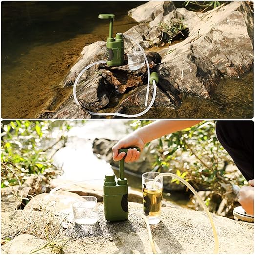 Purewell Water Hand Purifier Pump with Replaceable Carbon 0.01 Micron Water Stages Portable Outdoor Emergency and Survival Gear - Camping Hiking Backpacking(Green)